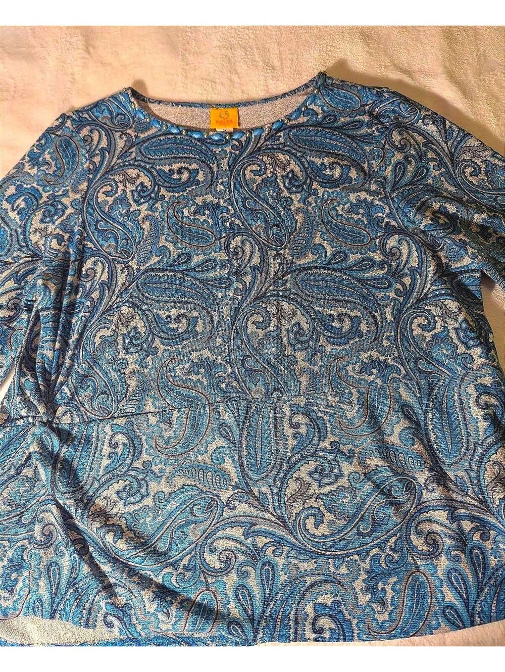 Ruby Rd. Woman Blue Paisley Print Long Sleeve Top with Beaded Neckline 3X